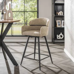 Barstoel Ronde Rug Draaibaar Bouclé Zand - Giga Meubel