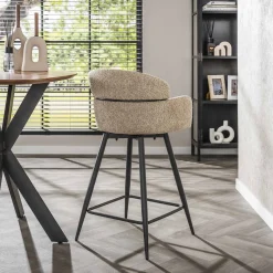 Barstoel Ronde Rug Draaibaar Bouclé Zand - Giga Meubel