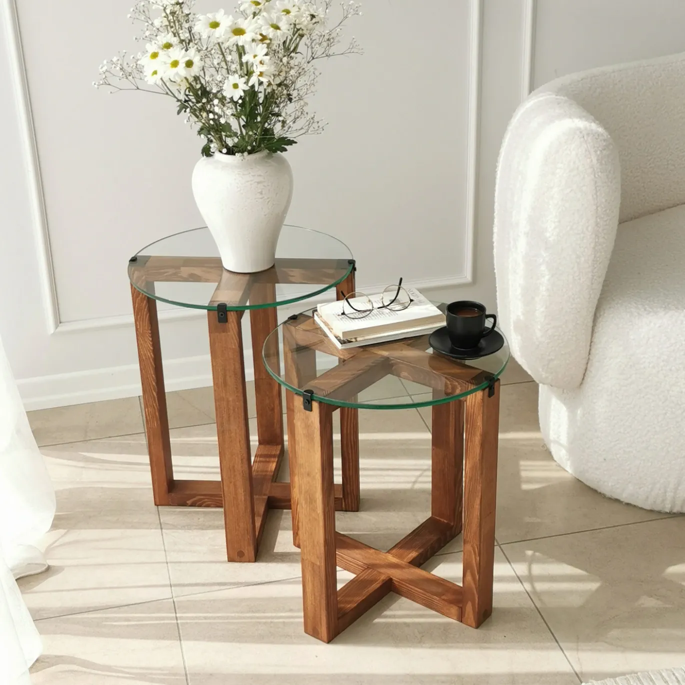 Bijzettafel Amalfi Glas/Walnoot Set van 2