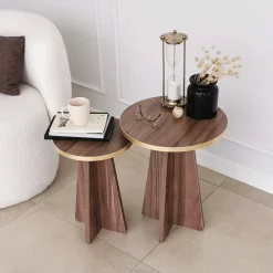 Bijzettafel Mushroom Walnoot/Goud Set van 2