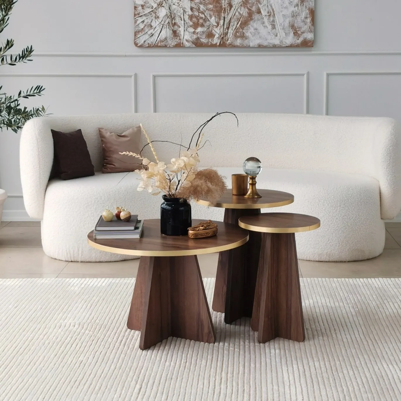 Bijzettafel Mushroom Walnoot/Goud Set van 2