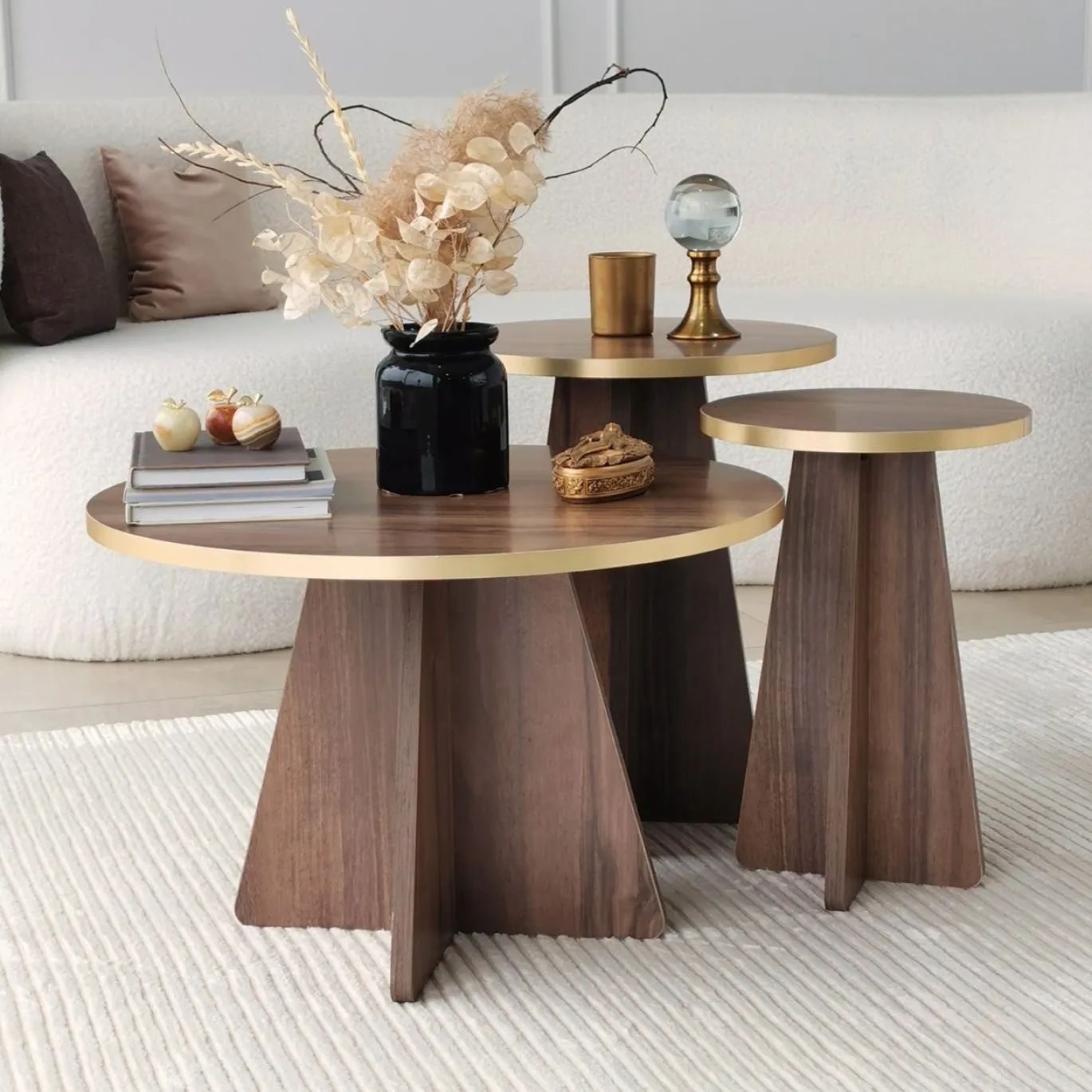 Bijzettafel Mushroom Walnoot/Goud Set van 2