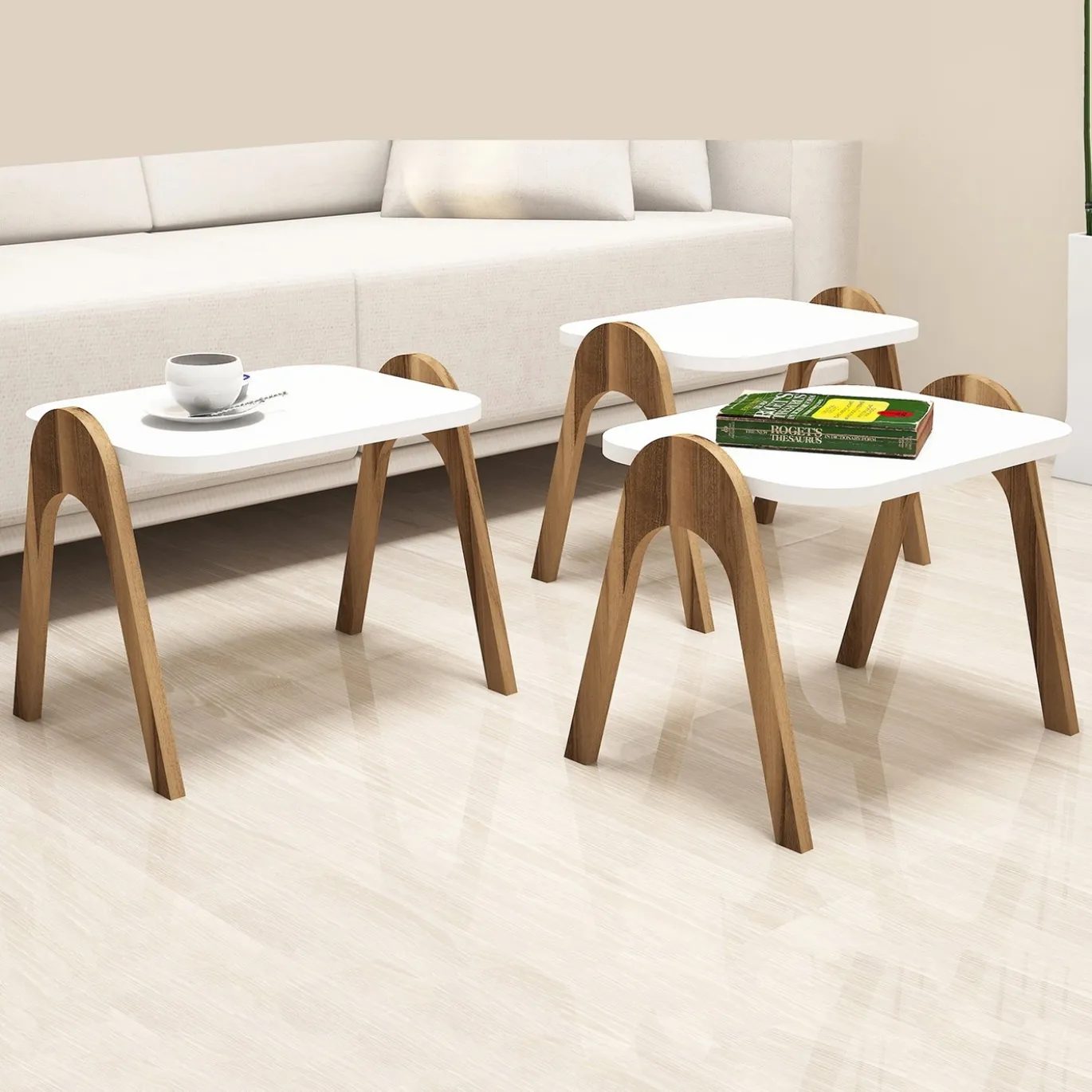 Bijzettafel Paris Wit/Walnoot Set van 3