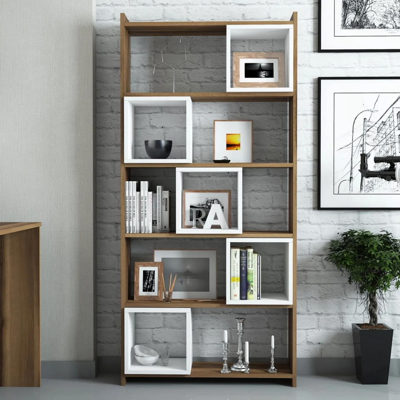 Boekenkast Box Walnoot/Wit