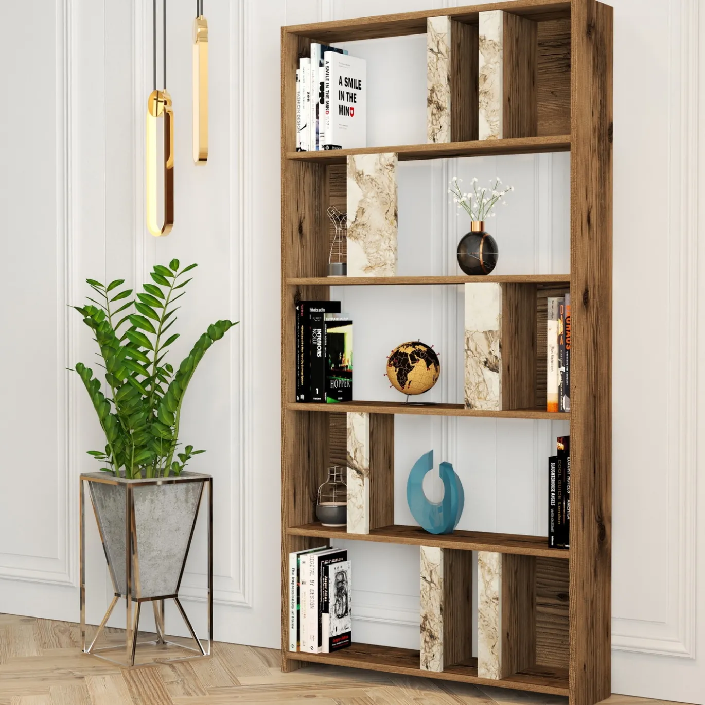 Boekenkast Lima Walnoot/Wit Marmerlook 180cm