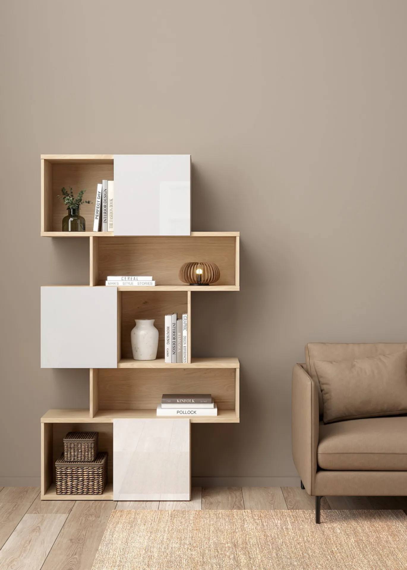 Boekenkast Maze Jackson Hickory Wit Hoogglans 3-deurs - Giga Living