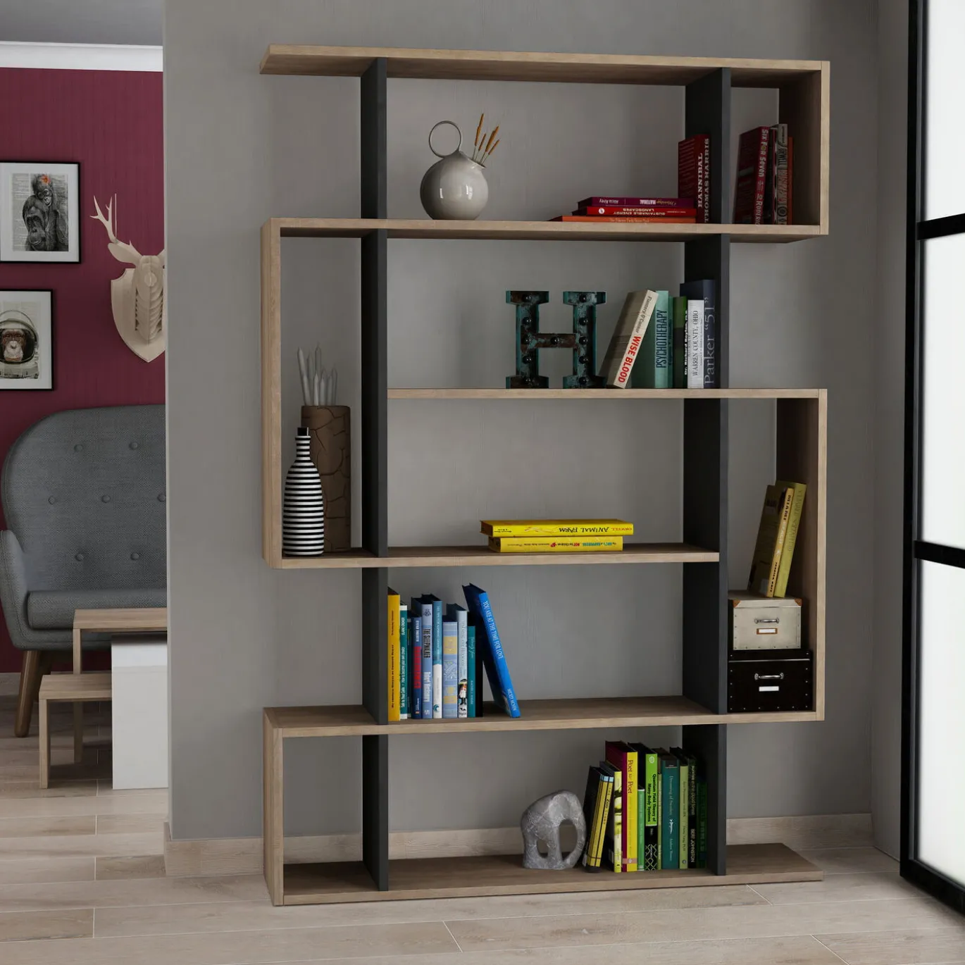 Boekenkast Mito Melamine Sonoma Eiken Antraciet