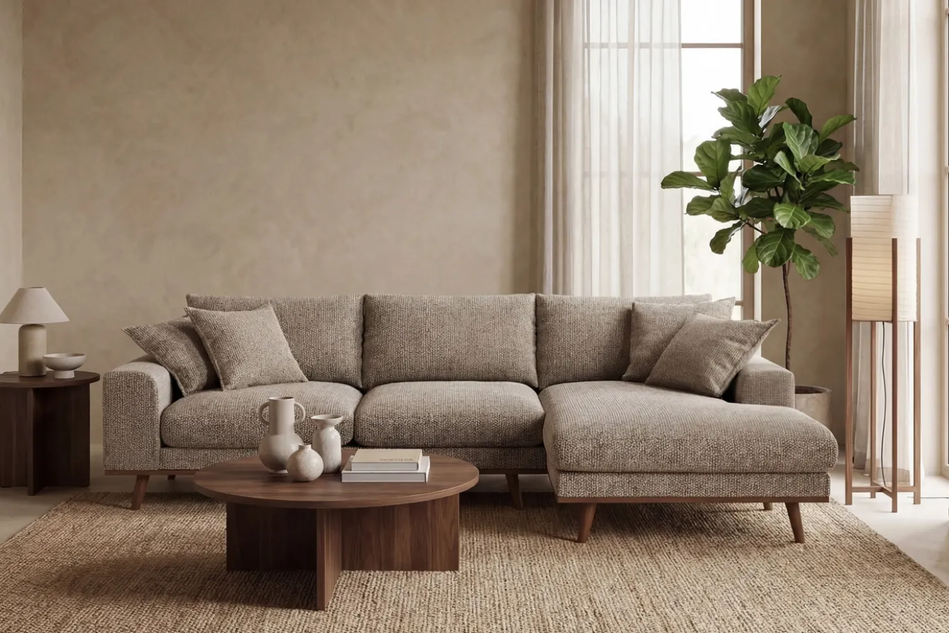 Chaise Longue Bank Harper 3-Zits Silencio Lichtbruin Rechts - Giga Meubel
