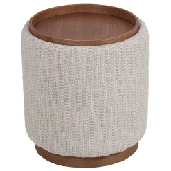 DÉJA Bijzettafel Marcia Beige/Walnoot Chenille Rond met Opbergruimte 40cm