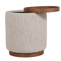 DÉJA Bijzettafel Marcia Beige/Walnoot Chenille Rond met Opbergruimte 40cm
