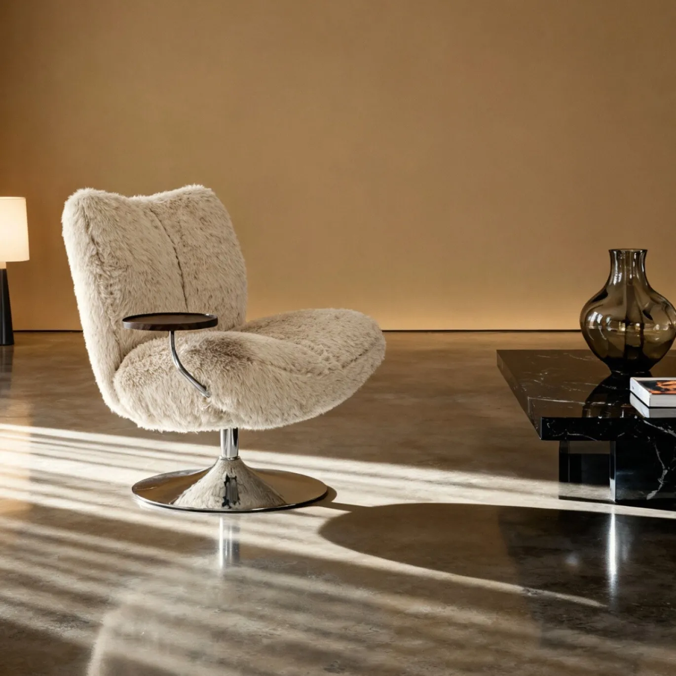 DÉJA Draaifauteuil met Tafeltje Morten Fluffy Taupe/Chrome