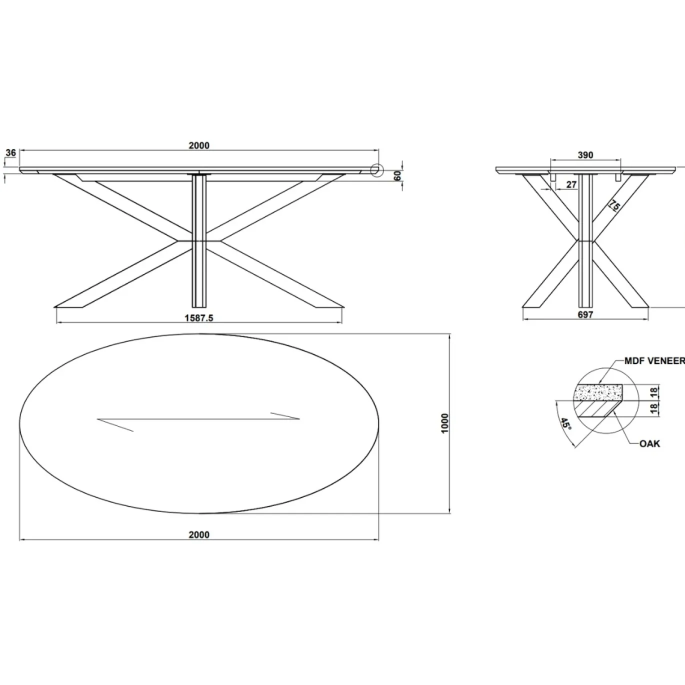 DÉJA Eettafel Lusa Naturel Eiken Ovaal 200cm