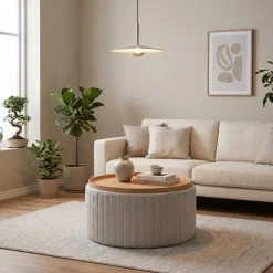 DÉJA Salontafel Angela Taupe/Naturel Chenille Rond met Opbergruimte 81cm