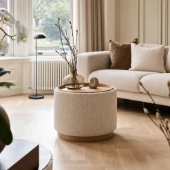 DÉJA Salontafel Marcia Beige/Naturel Chenille Rond met Opbergruimte 55cm