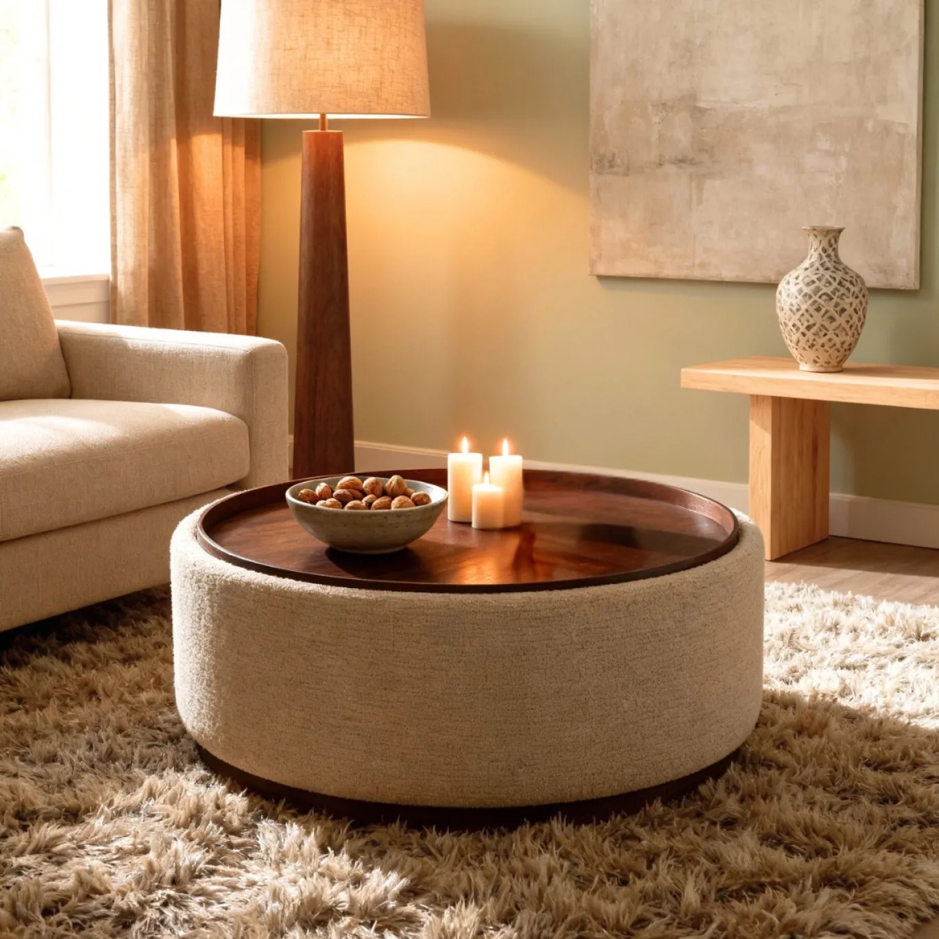 DÉJA Salontafel Marcia Beige/Walnoot Rond met Opbergruimte 83cm