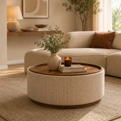 DÉJA Salontafel Marcia Beige/Walnoot Chenille Rond met Opbergruimte 83cm