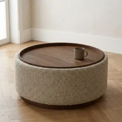 DÉJA Salontafel Marcia Taupe/Walnoot Rond met Opbergruimte 83cm