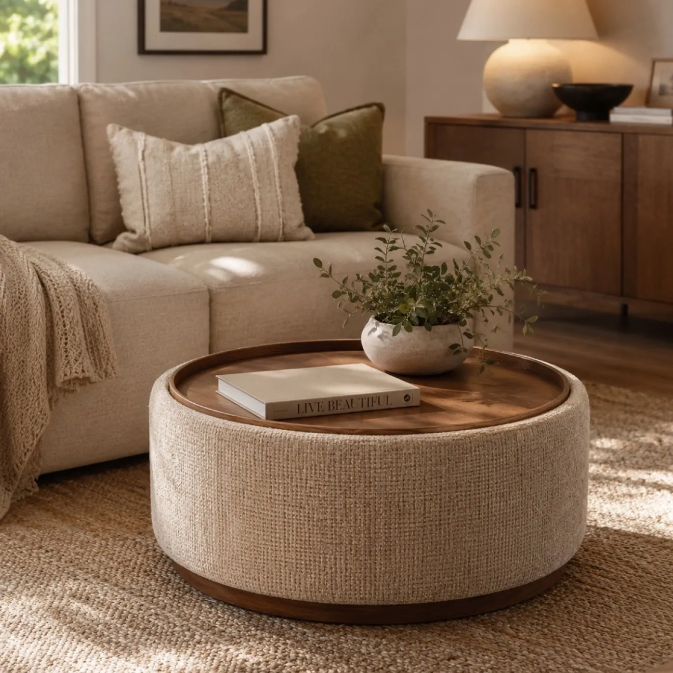 DÉJA Salontafel Marcia Taupe/Walnoot Chenille Rond met Opbergruimte 83cm