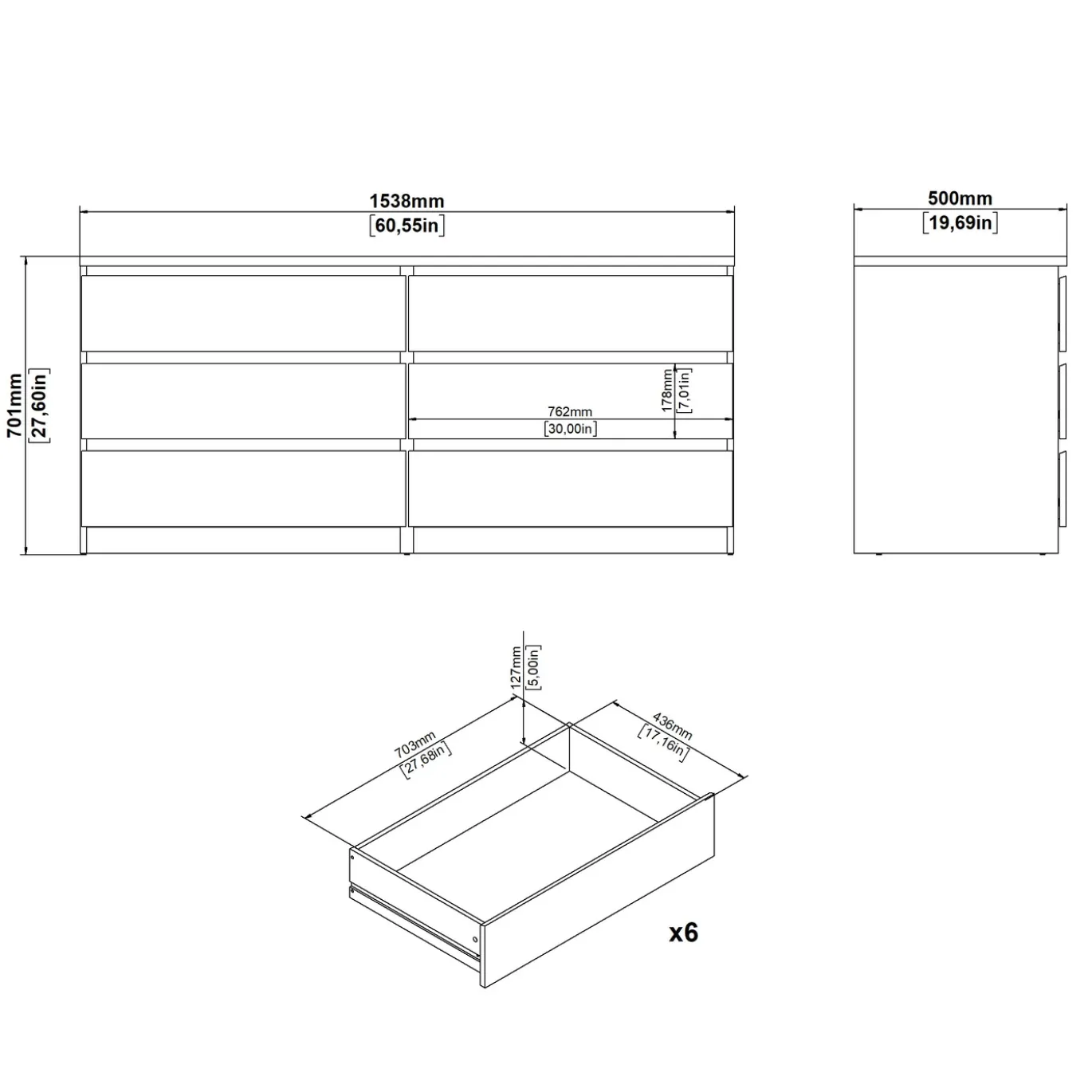 Dressoir Dubbel Ylva 6 lades Wit - Giga Living