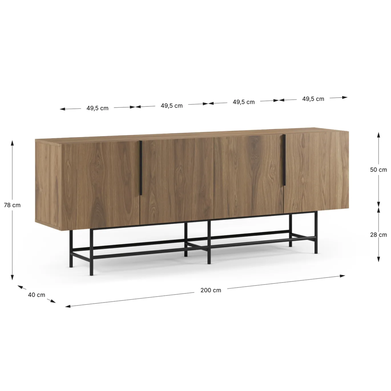 Dressoir Eldia 4d 200cm Eiken-ud met Metaal - Giga Meubel