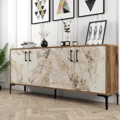 Dressoir Kiev Marmerlook Wit/Walnoot 180cm