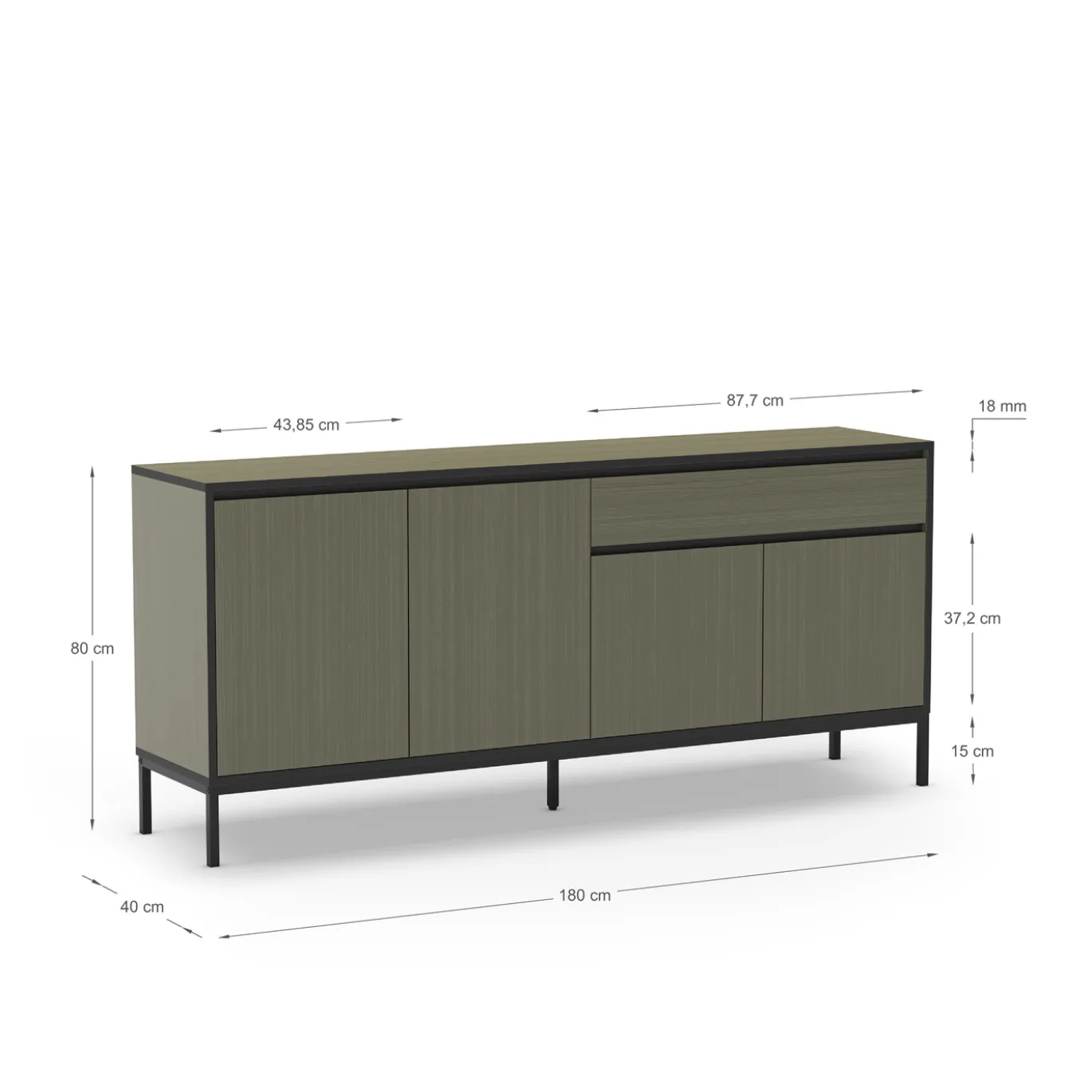 Dressoir Lorenza 4d1dr 180cm Groen/zwart met Metaal - Giga Meubel