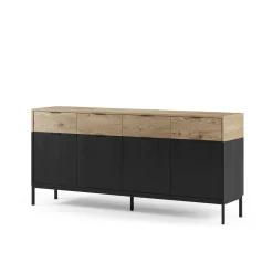 Dressoir Marion 4d4L 180cm Eiken/zwart met Metaal - Giga Meubel