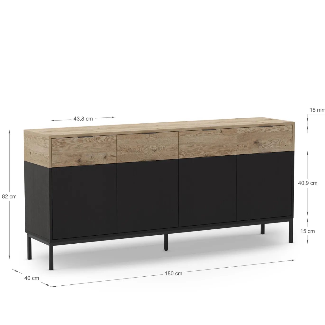 Dressoir Marion 4d4L 180cm Eiken/zwart met Metaal - Giga Meubel
