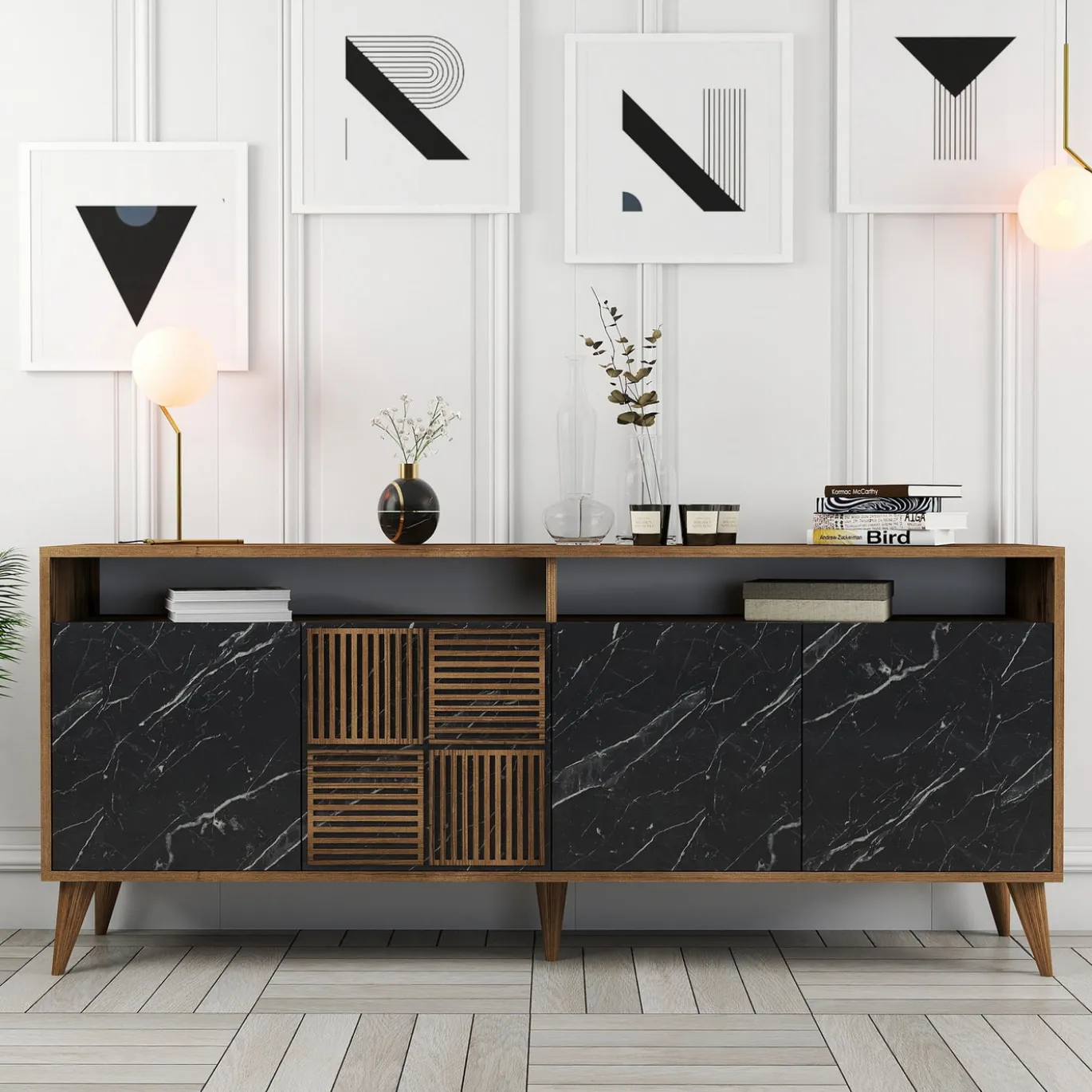 Dressoir Milan Marmerlook Zwart/Walnoot 180cm