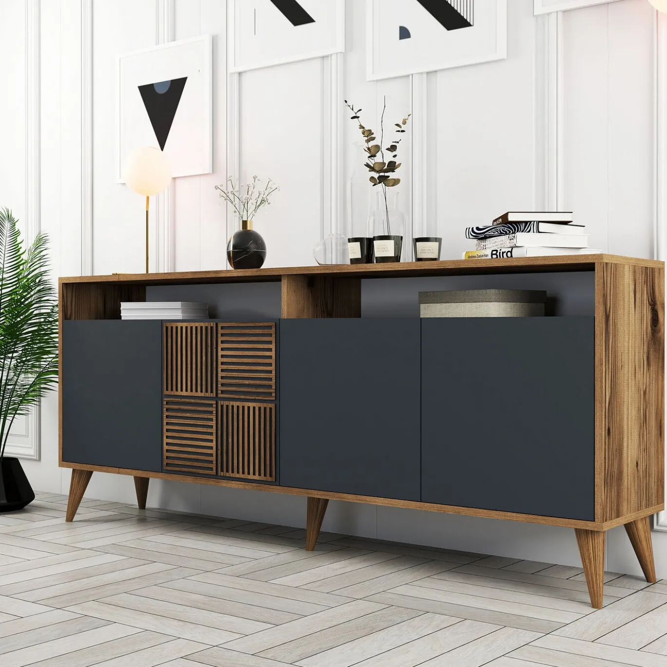 Dressoir Milan Melamine Walnoot Antraciet 180cm