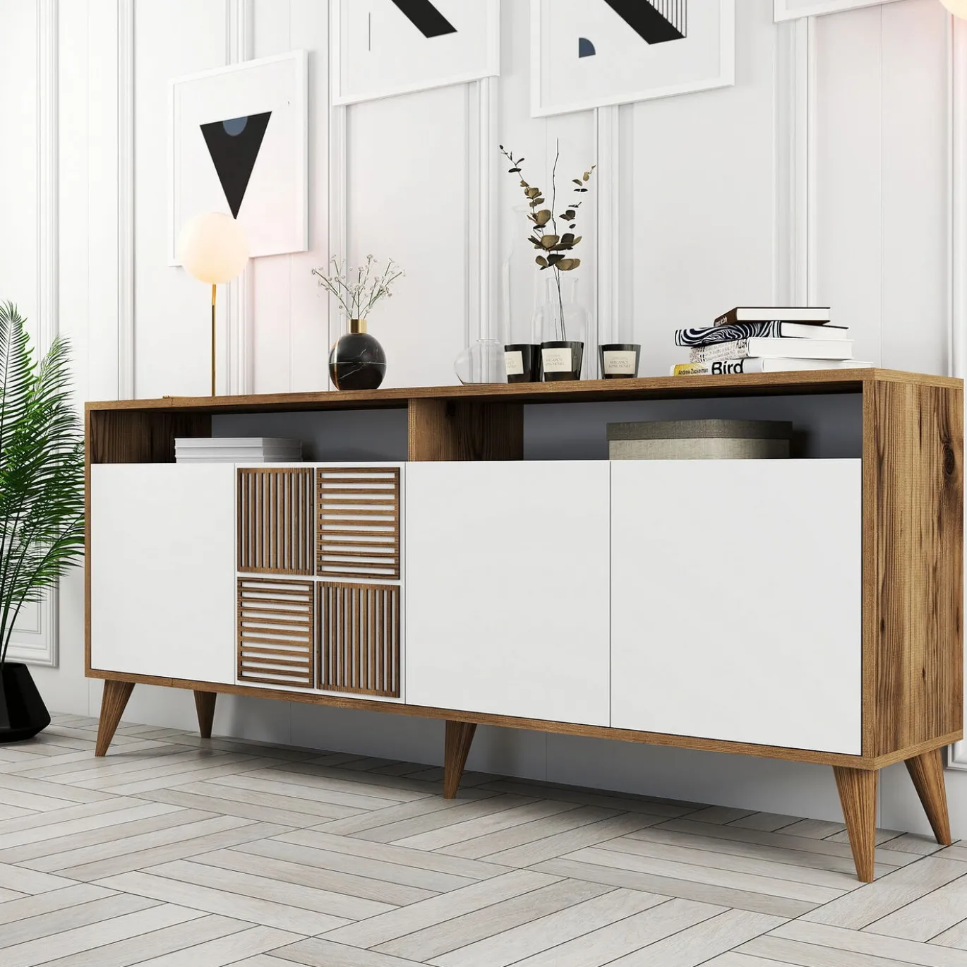 Dressoir Milan Melamine Walnoot Wit 180cm