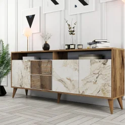 Dressoir Milan Melamine Walnoot Wit Marmer 180cm