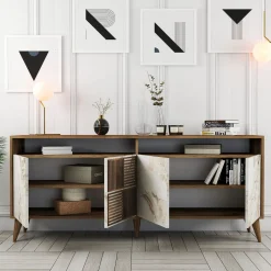 Dressoir Milan Melamine Walnoot Wit Marmer 180cm