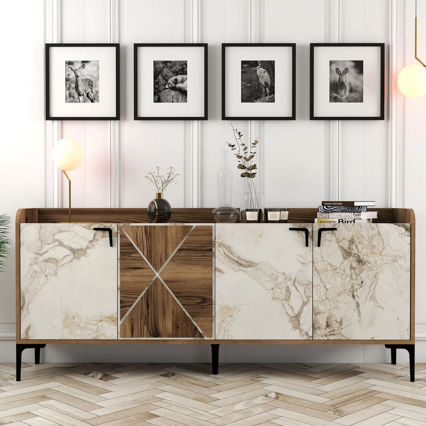 Dressoir Venedik Melamine Walnoot Wit Marmer