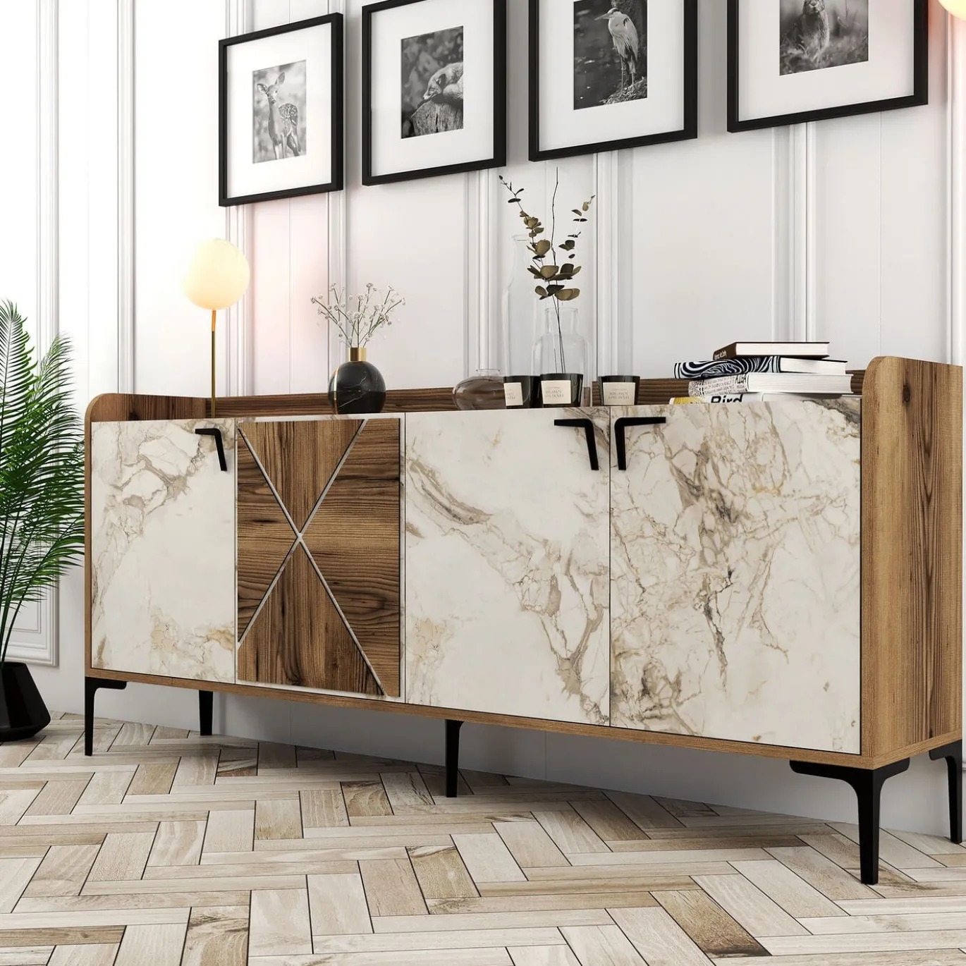 Dressoir Venedik Melamine Walnoot Wit Marmer