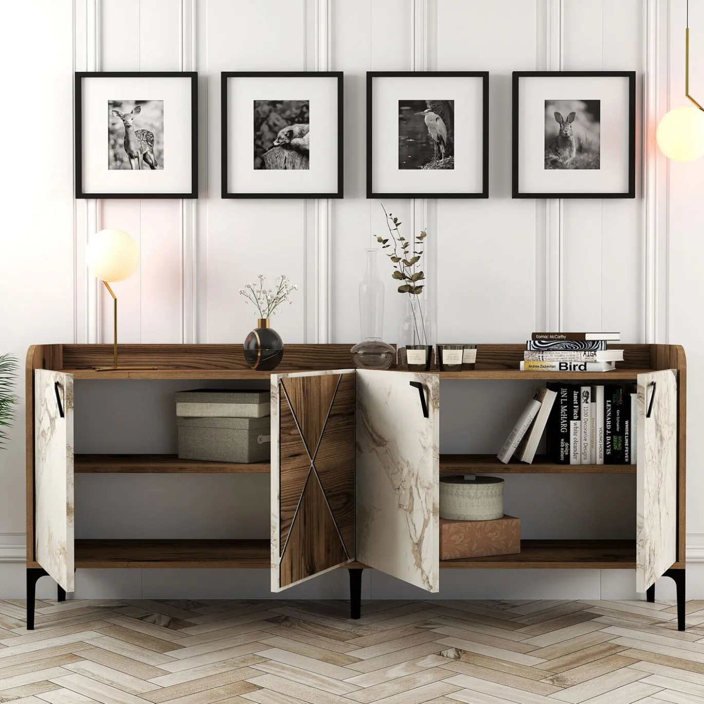 Dressoir Venedik Melamine Walnoot Wit Marmer