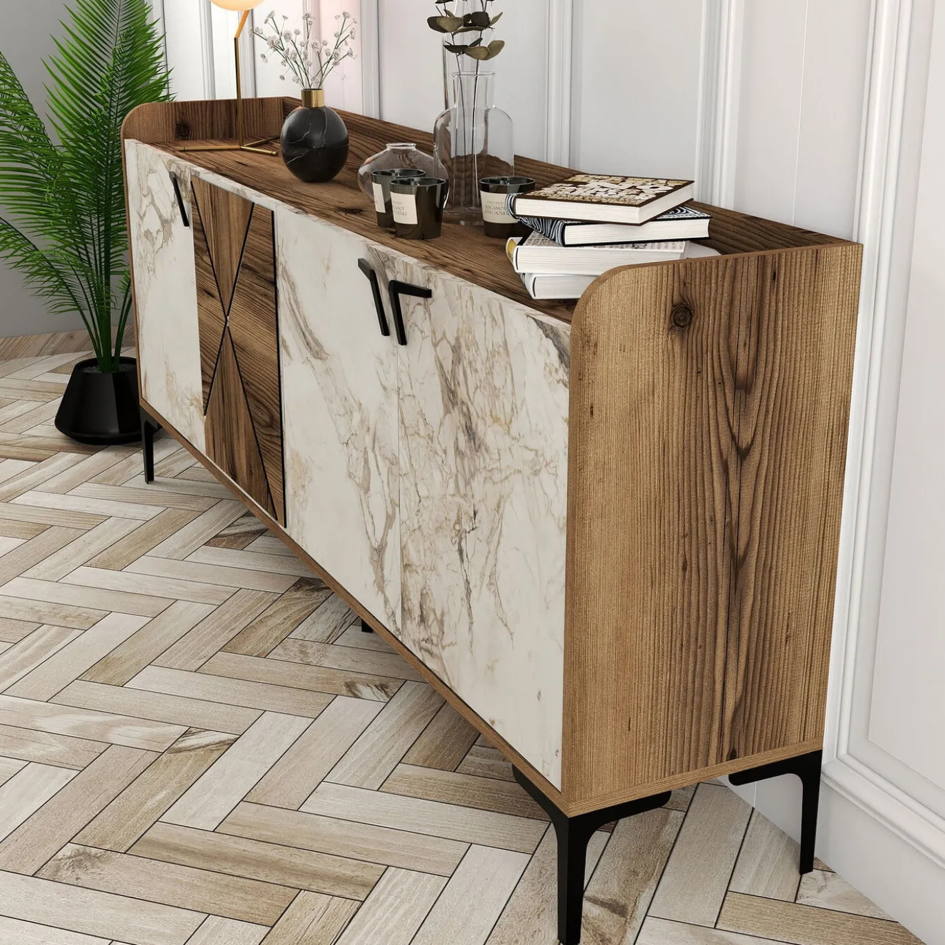 Dressoir Venedik Melamine Walnoot Wit Marmer