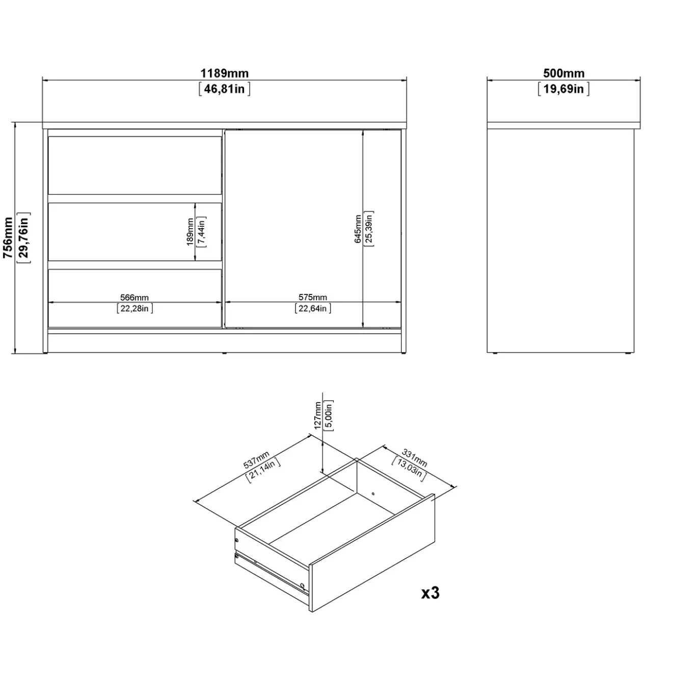 Dressoir Ylva met 1 Schuifdeur + 3 lades Hickory - Giga Living
