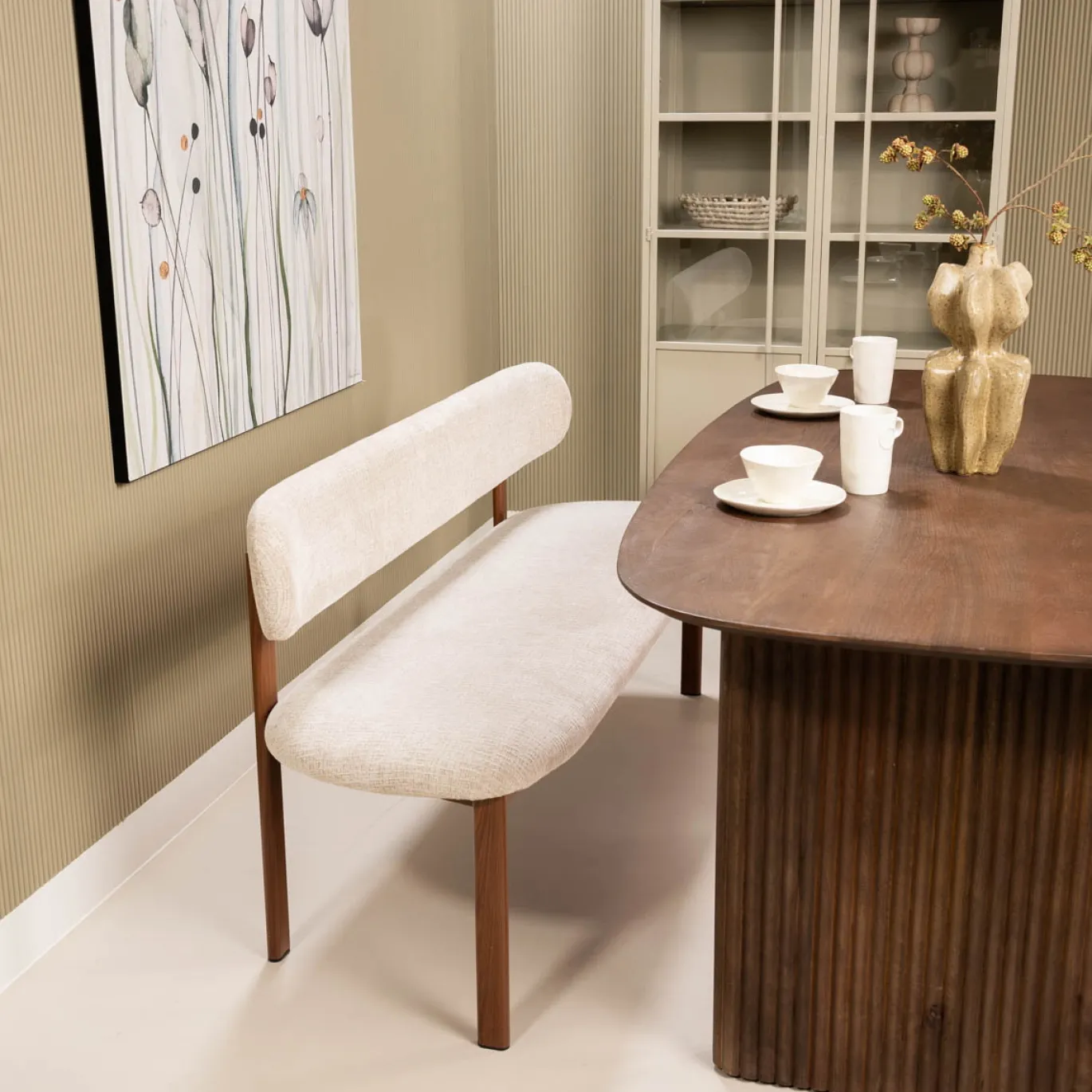 Eetkamerbank Noor Beige/Walnoot 160cm - Giga Meubel