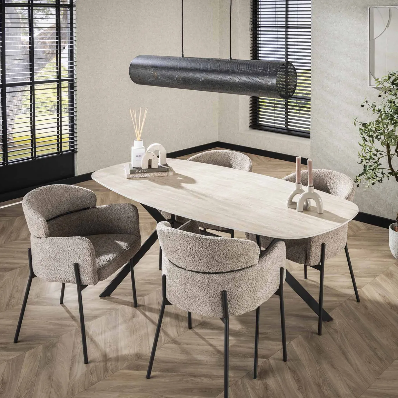 Eetkamertafel Ceramic Deens Ovaal Travertinlook 180cm - Giga Meubel