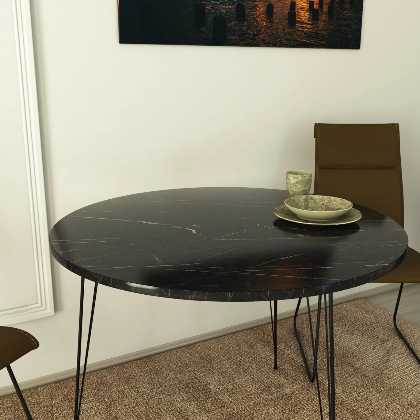Eetkamertafel Sandalf Melamine Zwart Wit
