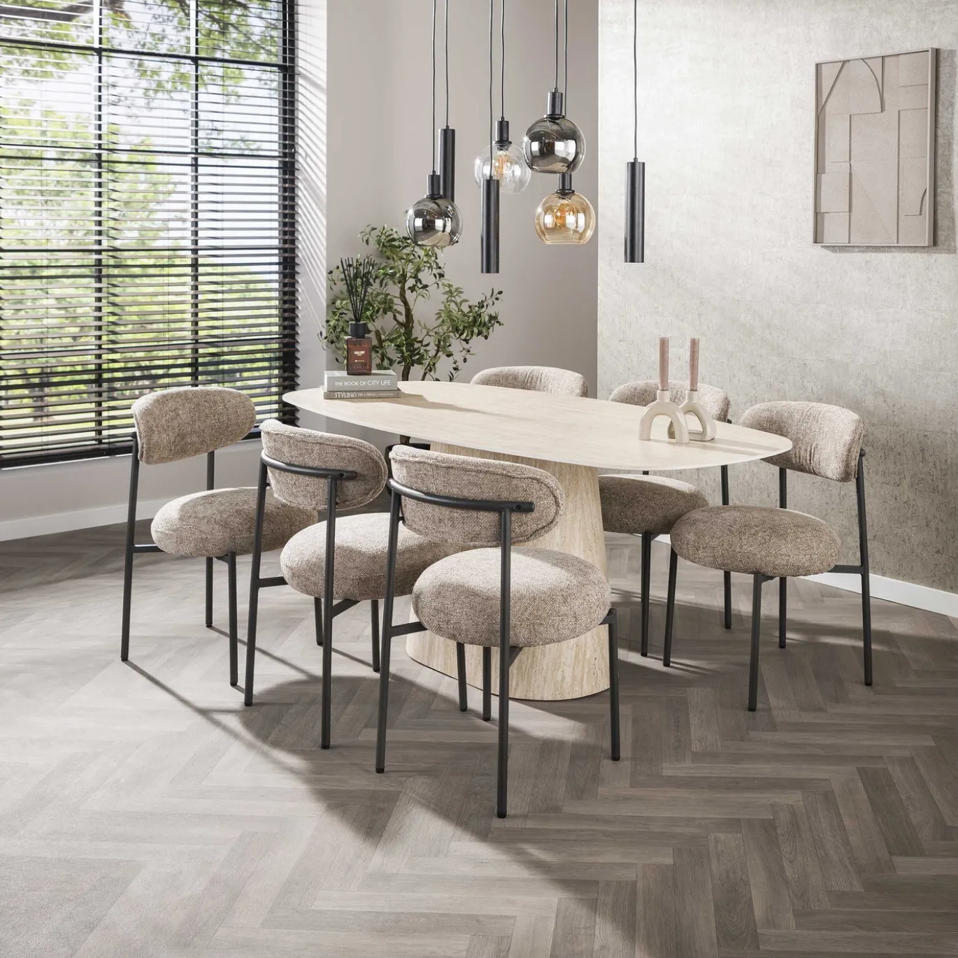 Eettafel Centro Deens Ovaal 3D Keramiek Travertin 180cm - Giga Meubel