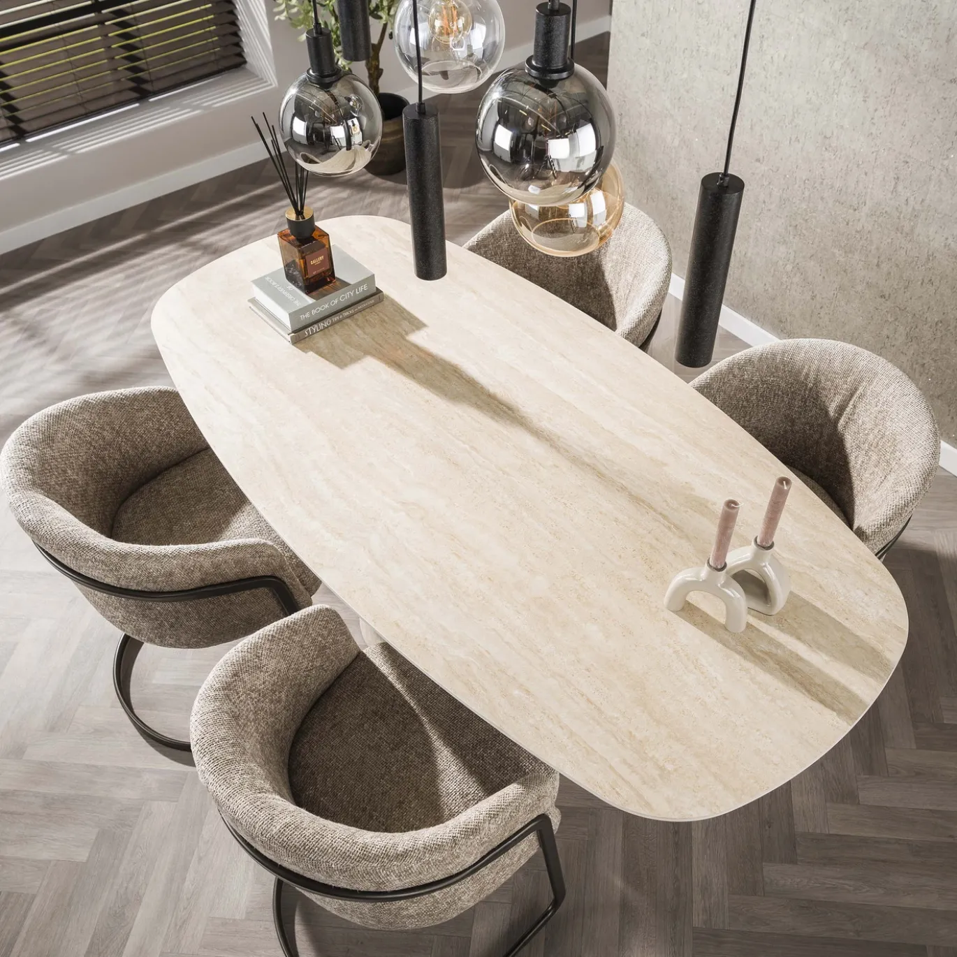 Eettafel Centro Deens Ovaal 3D Keramiek Travertin 180cm - Giga Meubel