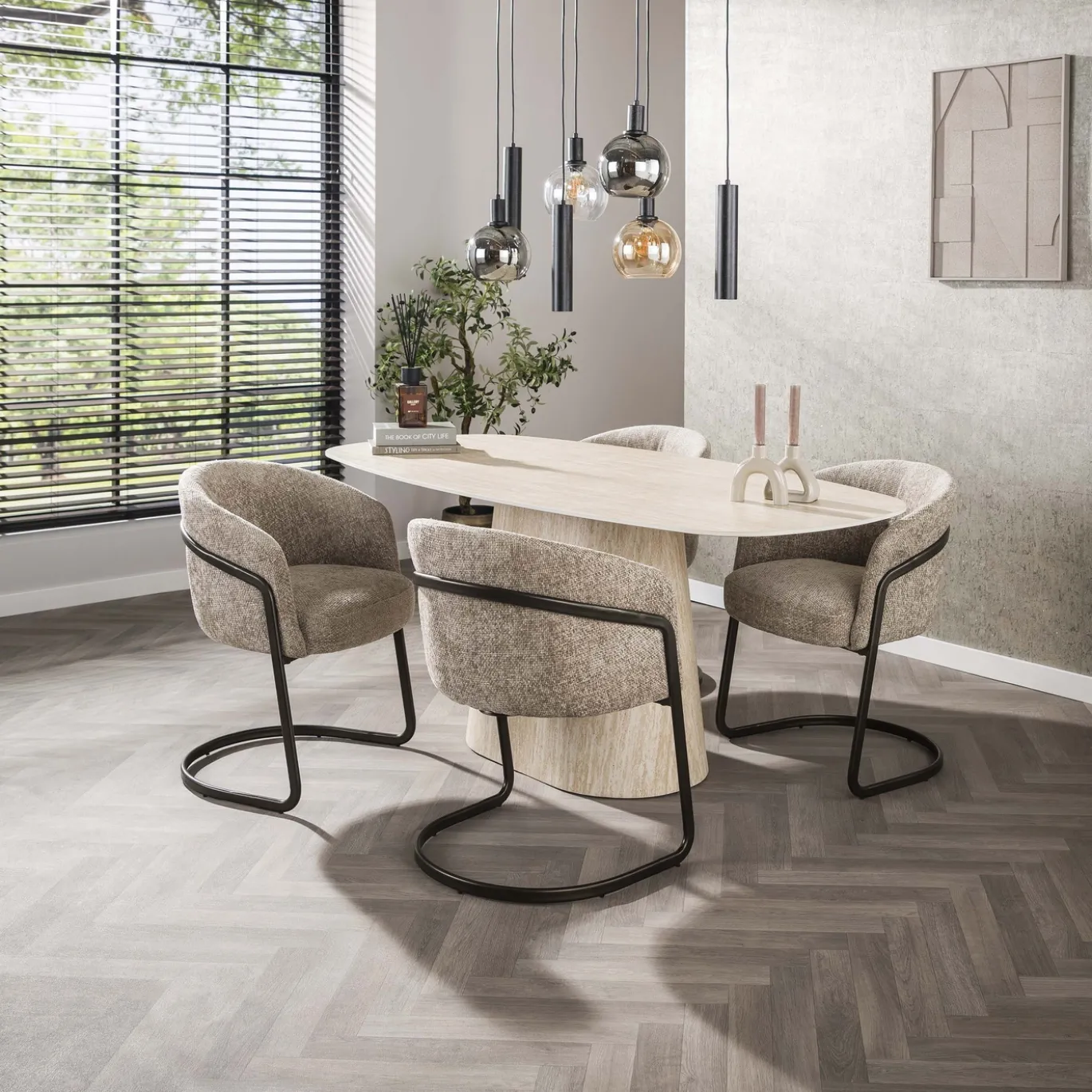 Eettafel Centro Deens Ovaal 3D Keramiek Travertin 180cm - Giga Meubel