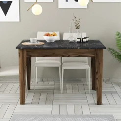 Eettafel Kiev Marmerlook Zwart/Walnoot met Opbergruimte 110cm
