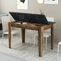 Eettafel Kiev Marmerlook Zwart/Walnoot met Opbergruimte 110cm
