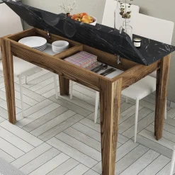 Eettafel Kiev Marmerlook Zwart/Walnoot met Opbergruimte 110cm