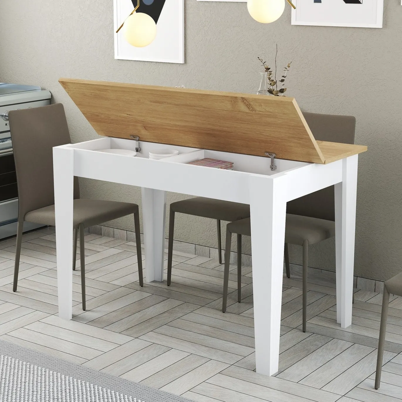 Eettafel Kiev Naturel/Wit met Opbergruimte 110cm