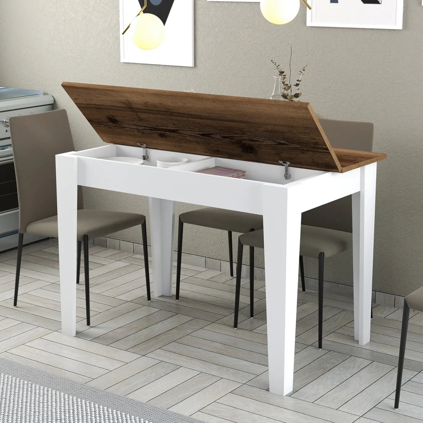 Eettafel Kiev Walnoot/Wit met Opbergruimte 110cm