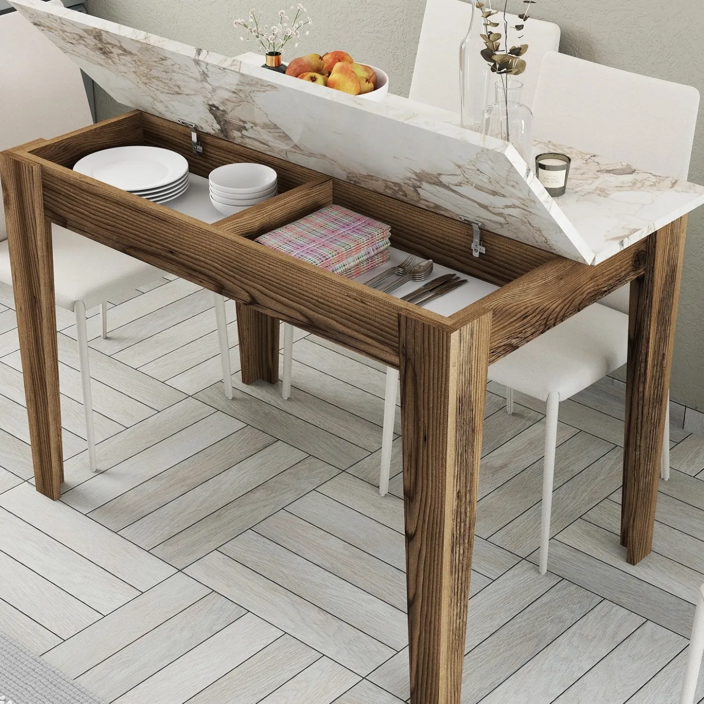 Eettafel Kiev Wit/Walnoot met Opbergruimte 110cm
